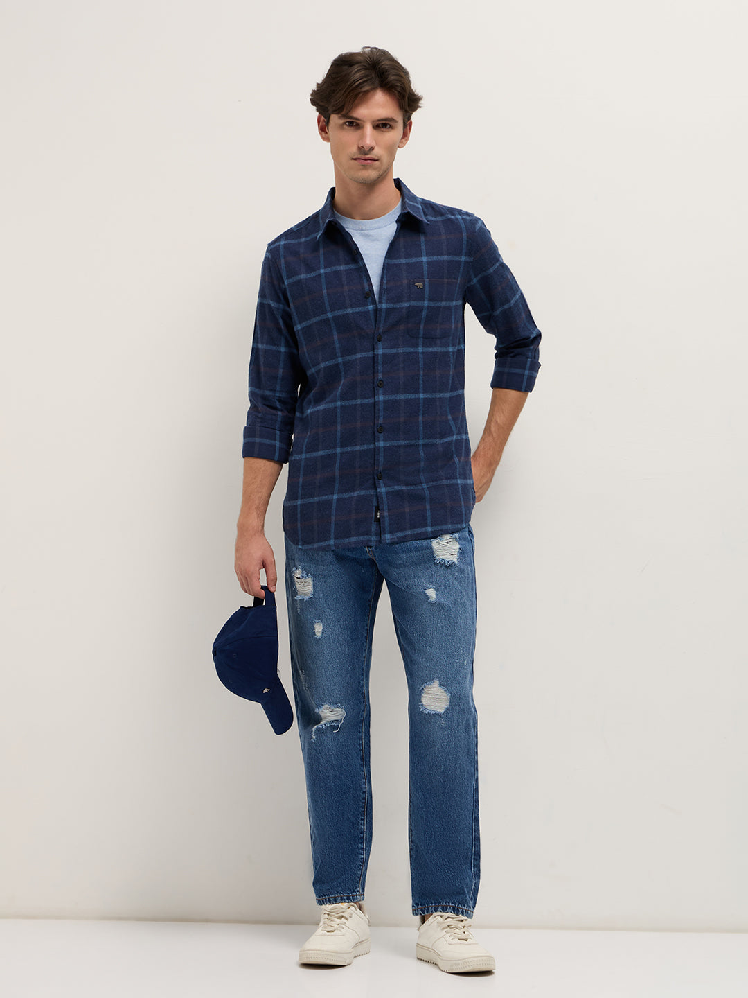 Men Blue Plaid Checks Design Slim Fit Casual Shirt