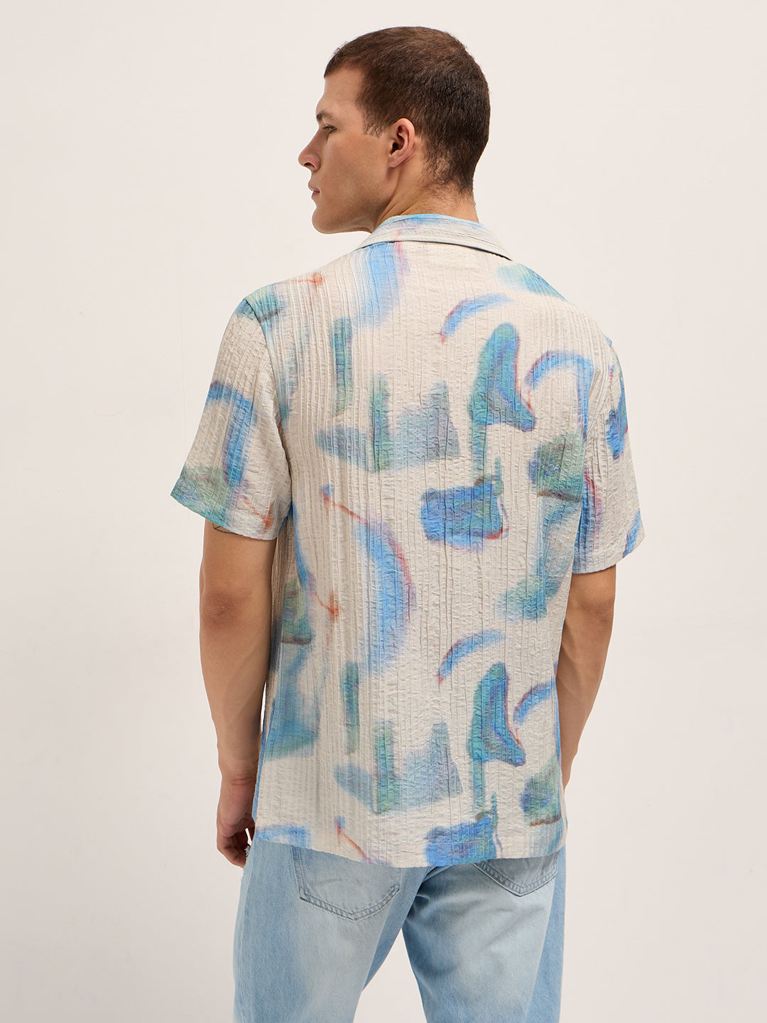 Men Blue Viscose Abstract print Relaxed Fit Cuban Collar Shirt