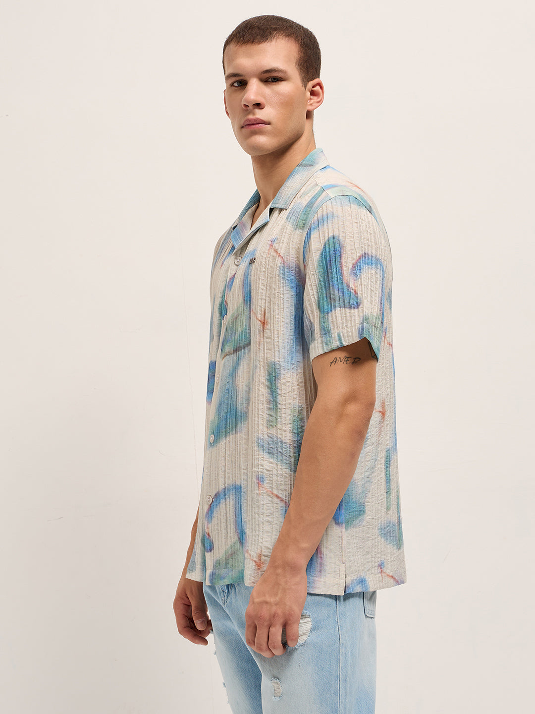 Men Blue Viscose Abstract print Relaxed Fit Cuban Collar Shirt