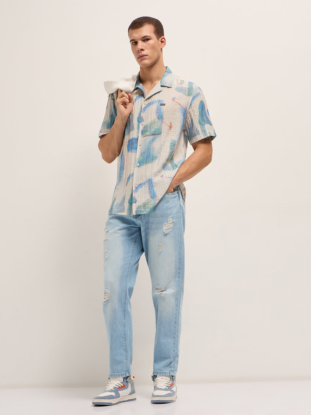 Men Blue Viscose Abstract print Relaxed Fit Cuban Collar Shirt