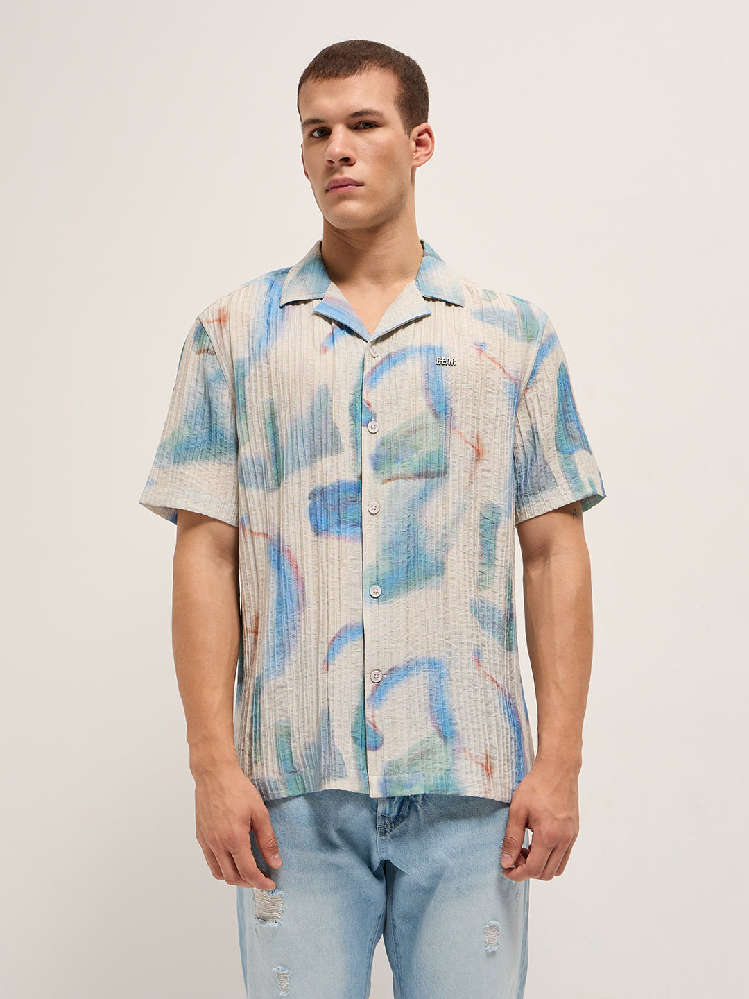 Men Blue Viscose Abstract print Relaxed Fit Cuban Collar Shirt