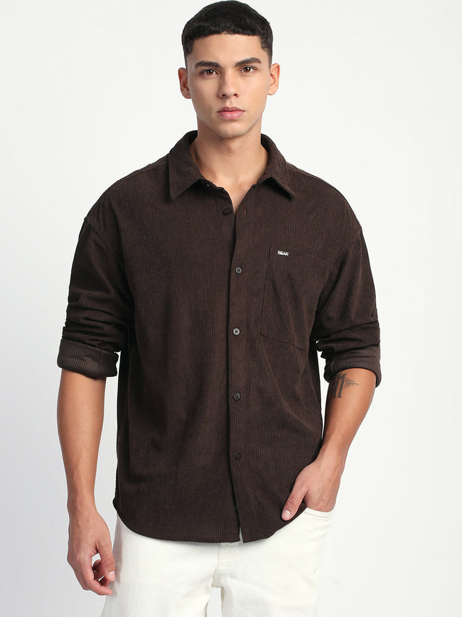 Men Brown Corduroy Relax Fit Casual Shirt