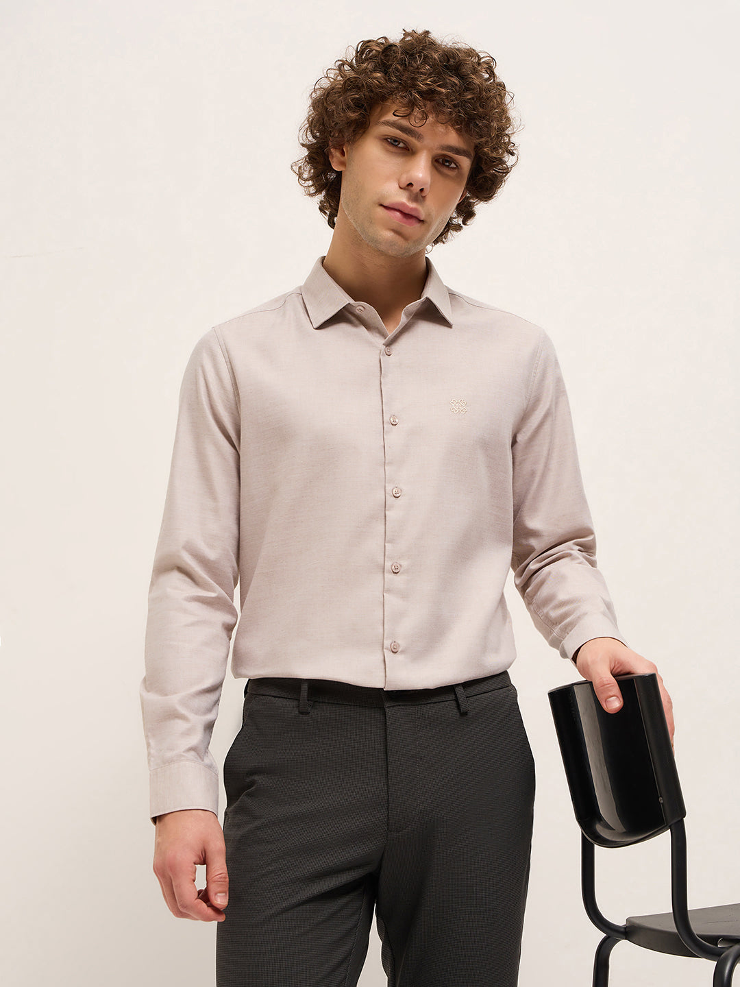 Men Shirt Beige Solid Tailored Fit Formal Shirt