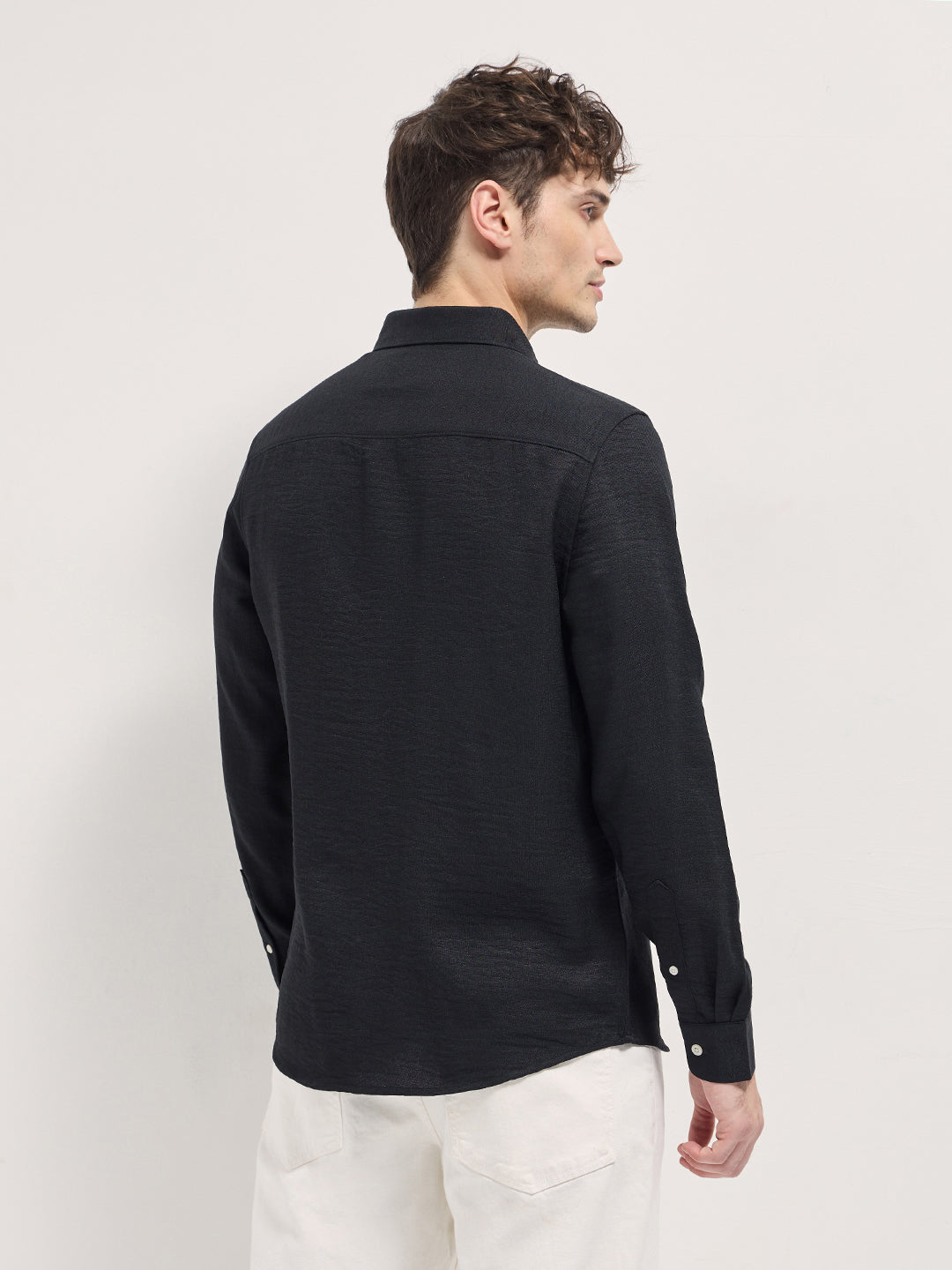 Men Black Solid Seersucker Effect Slim Fit Casual Shirt