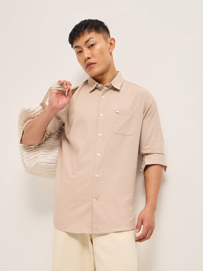 Men Peach Cotton Linen Slim Fit Solid Casual Shirt