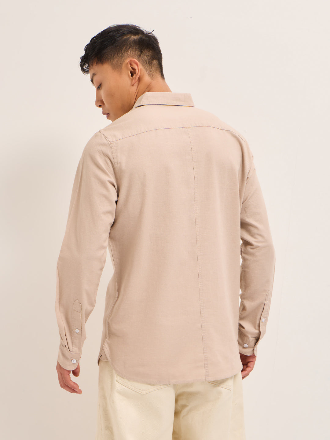 Men Peach Cotton Linen Slim Fit Solid Casual Shirt