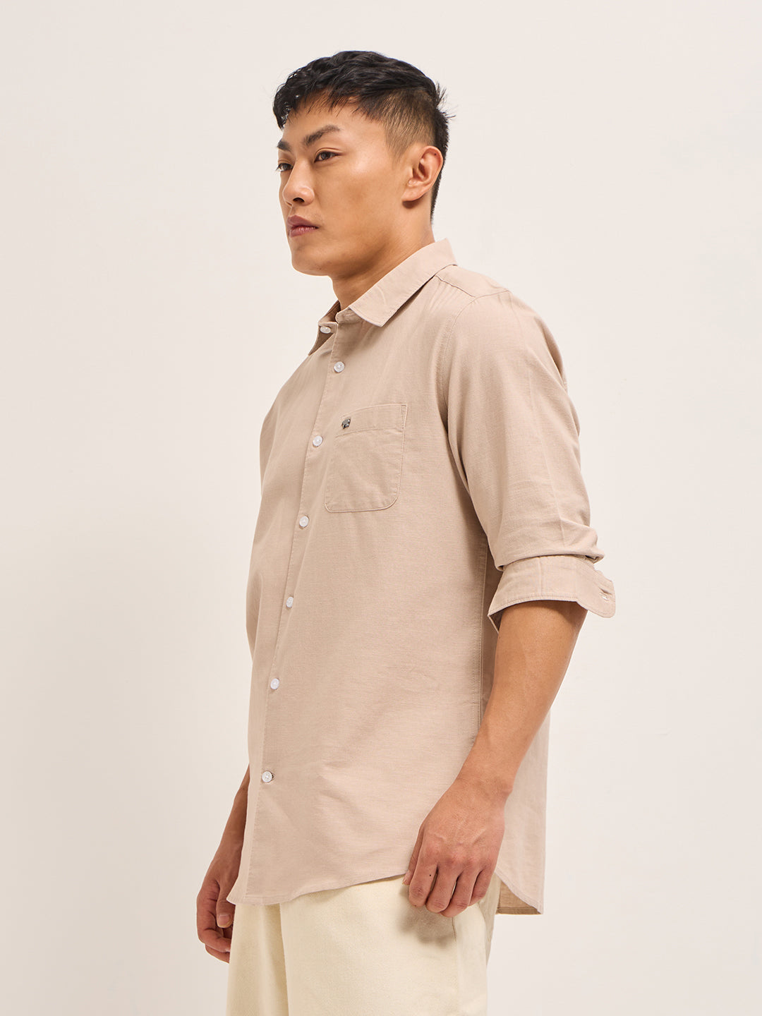 Men Peach Cotton Linen Slim Fit Solid Casual Shirt