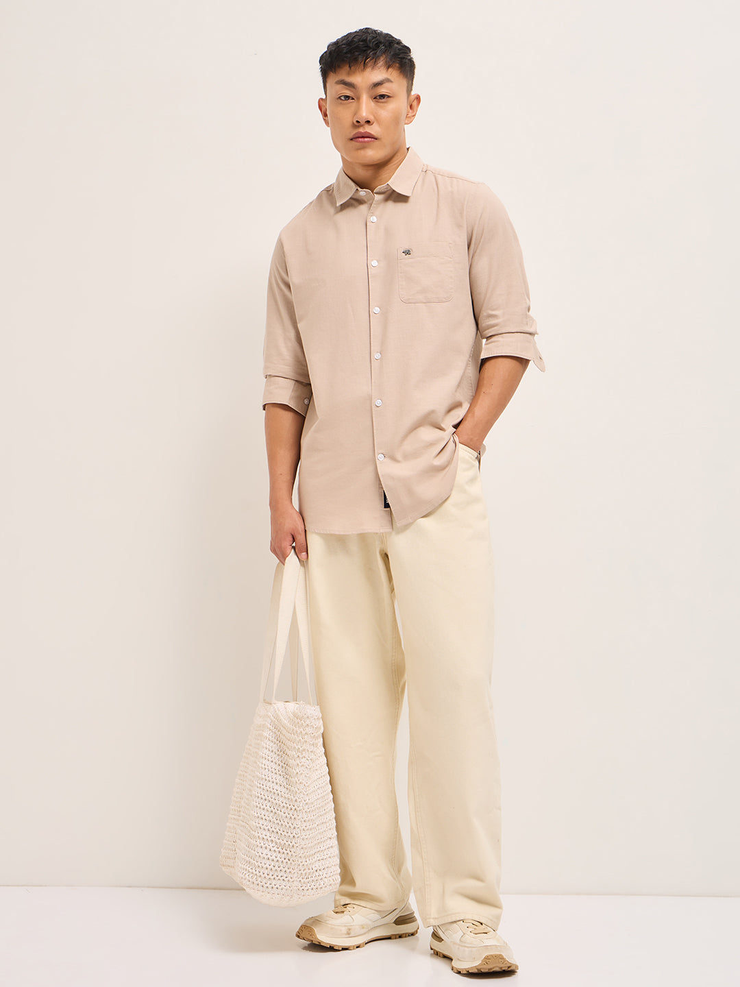 Men Peach Cotton Linen Slim Fit Solid Casual Shirt