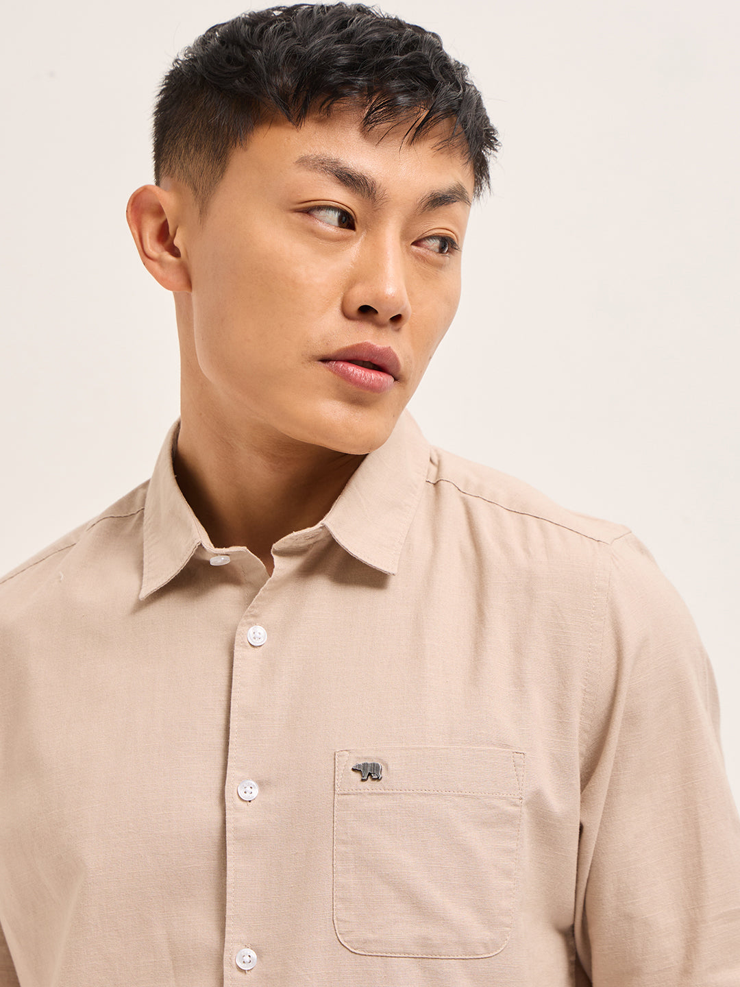 Men Peach Cotton Linen Slim Fit Solid Casual Shirt