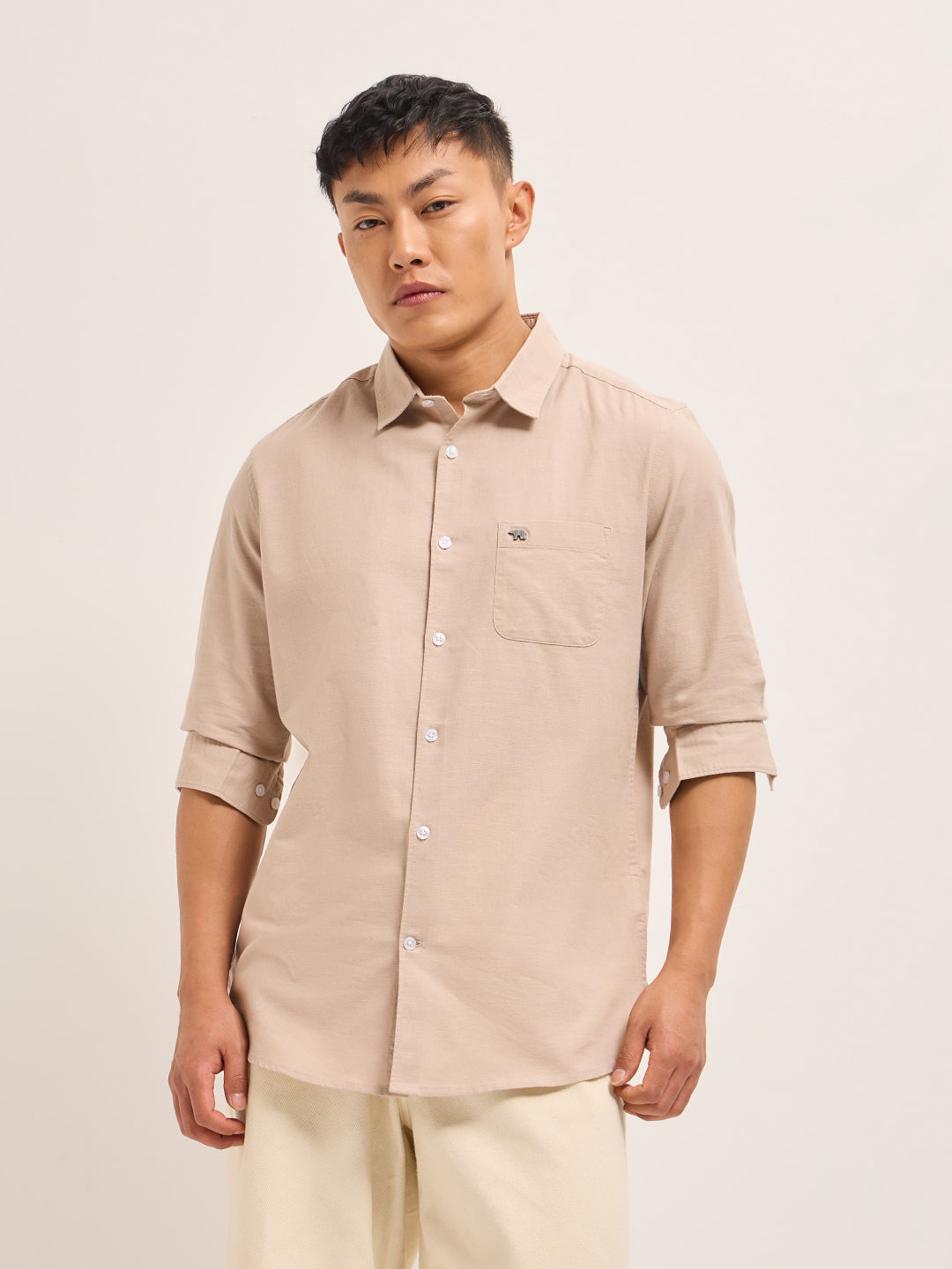 Men Peach Cotton Linen Slim Fit Solid Casual Shirt