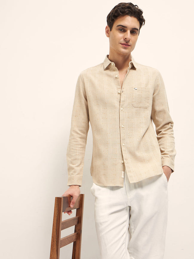 Men Beige Woven Checked Design Slim Fit Casual Shirt