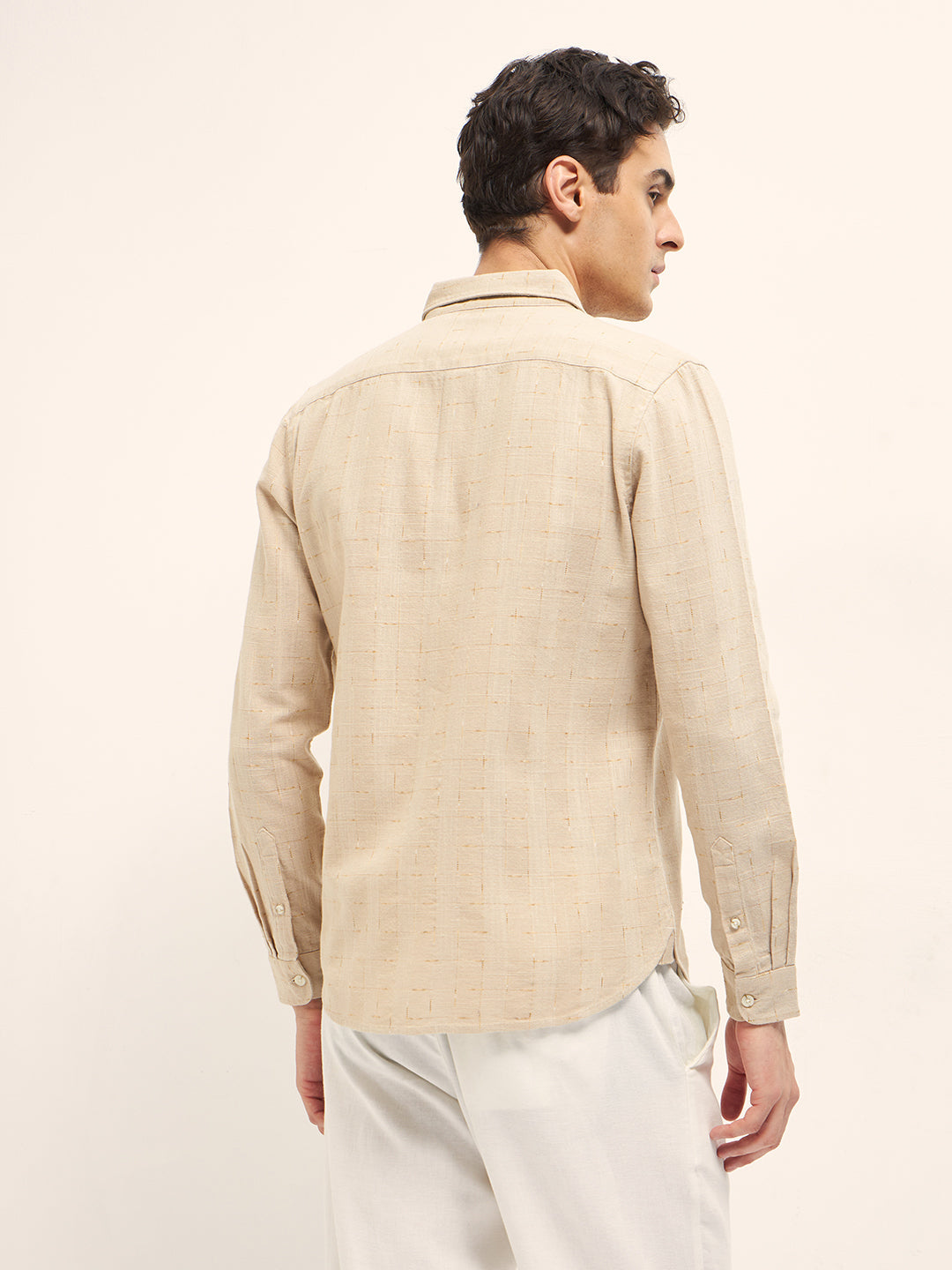 Men Beige Woven Checked Design Slim Fit Casual Shirt