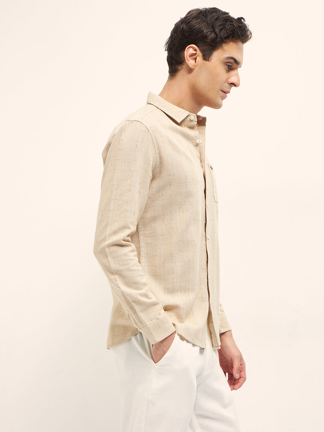 Men Beige Woven Checked Design Slim Fit Casual Shirt