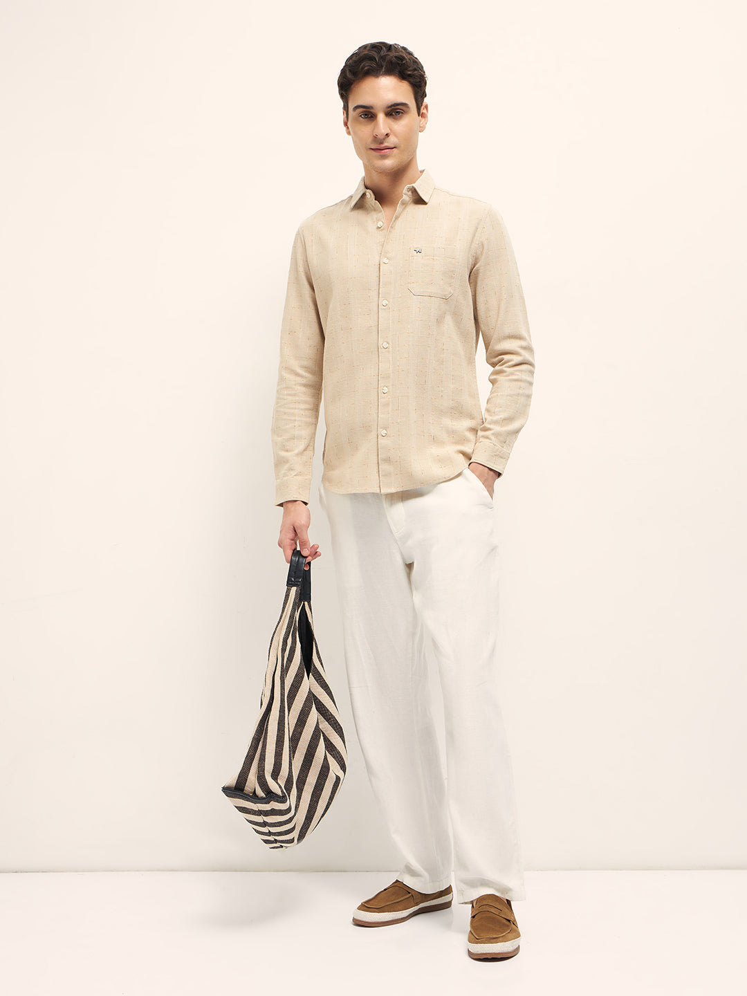 Men Beige Woven Checked Design Slim Fit Casual Shirt