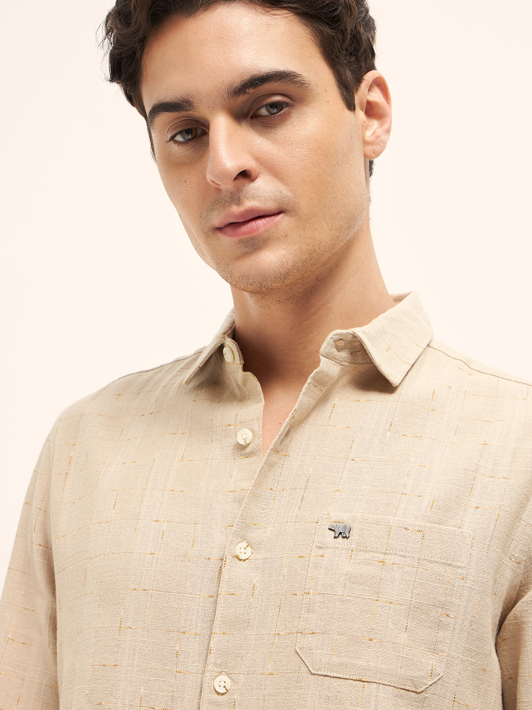Men Beige Woven Checked Design Slim Fit Casual Shirt