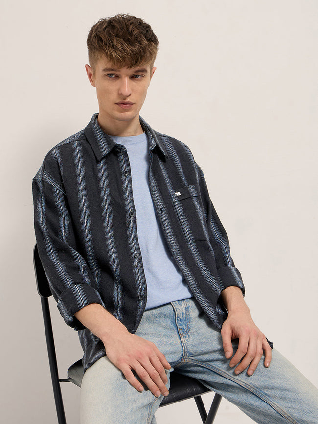 Men Black Flannel Striped Woven Relaxed Fit Overshirt