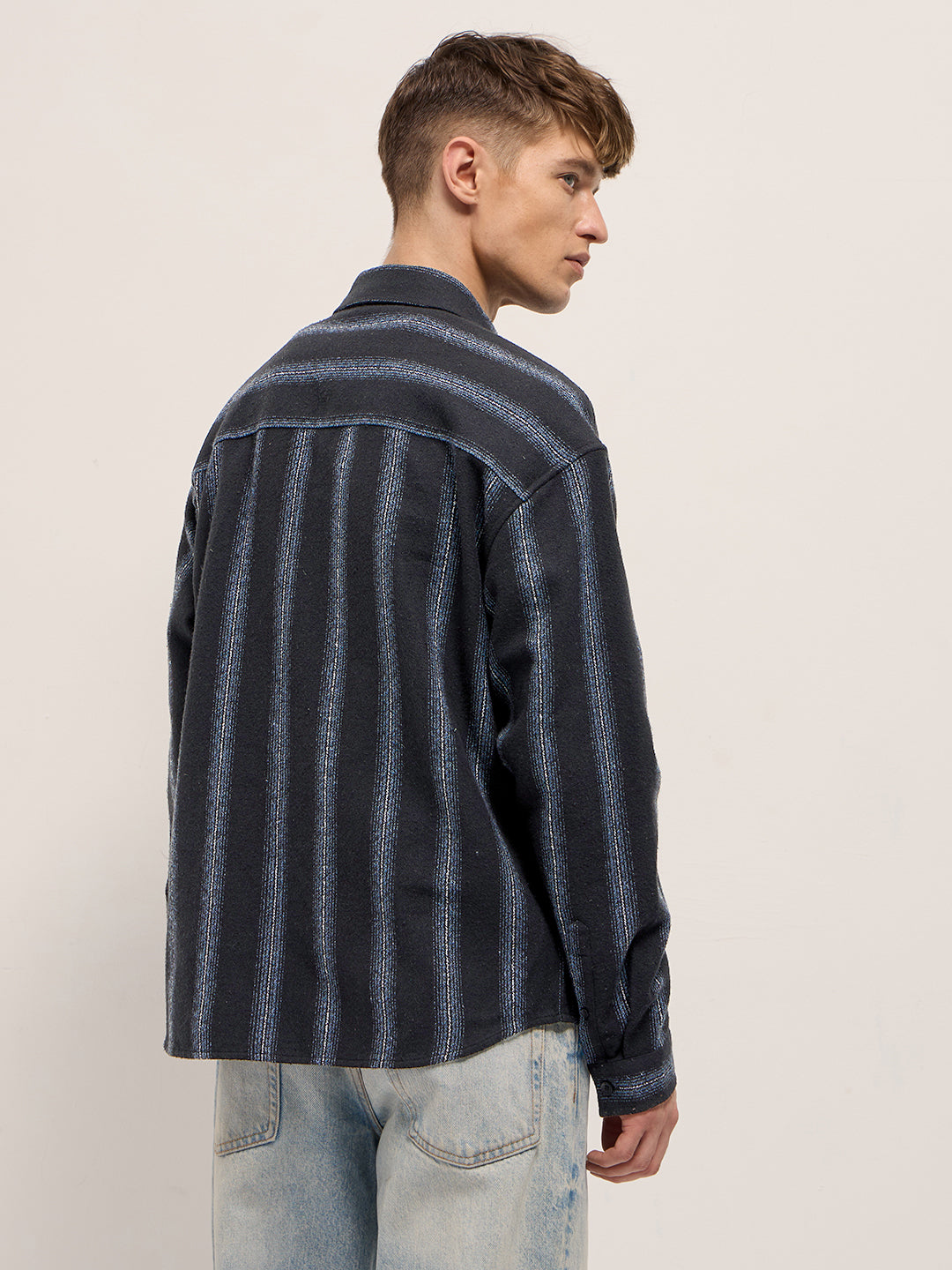Men Black Flannel Striped Woven Relaxed Fit Overshirt