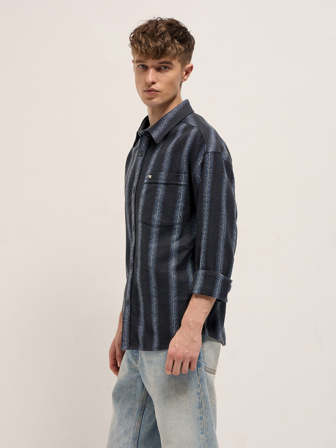 Men Black Flannel Striped Woven Relaxed Fit Overshirt