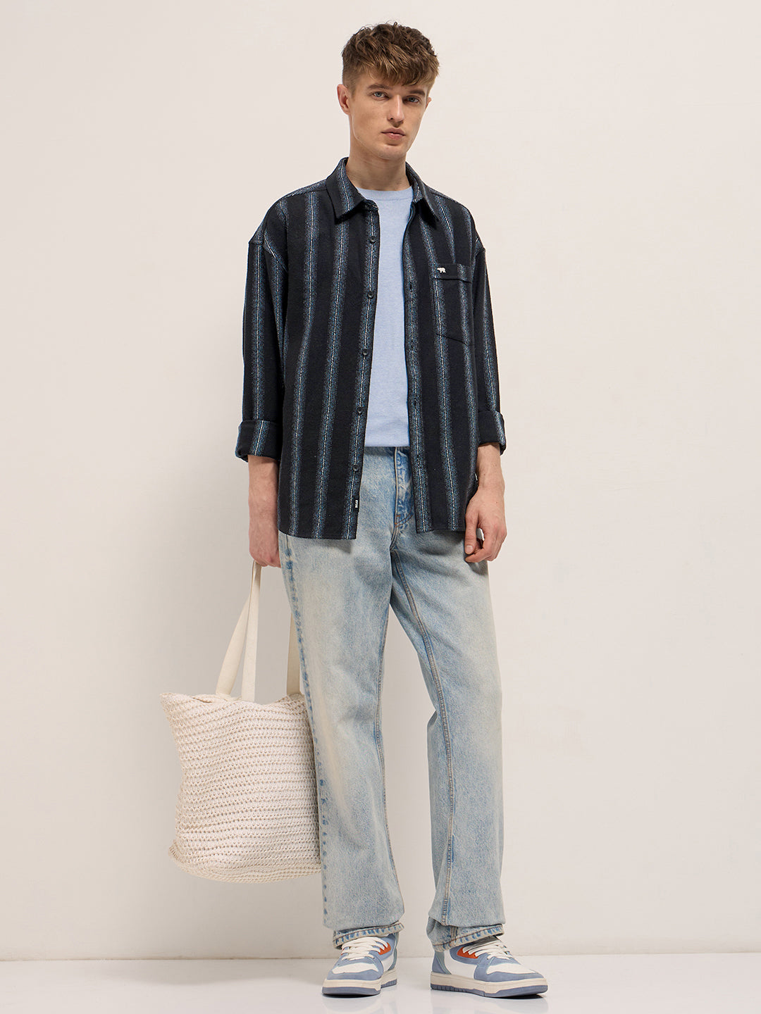 Men Black Flannel Striped Woven Relaxed Fit Overshirt