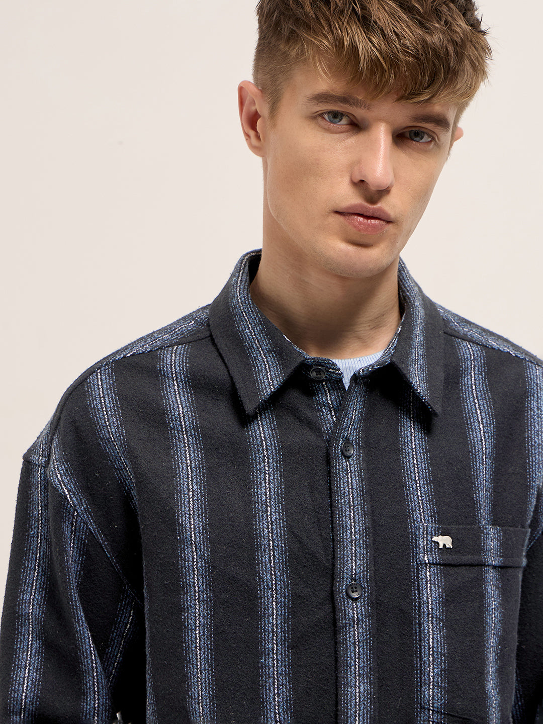 Men Black Flannel Striped Woven Relaxed Fit Overshirt