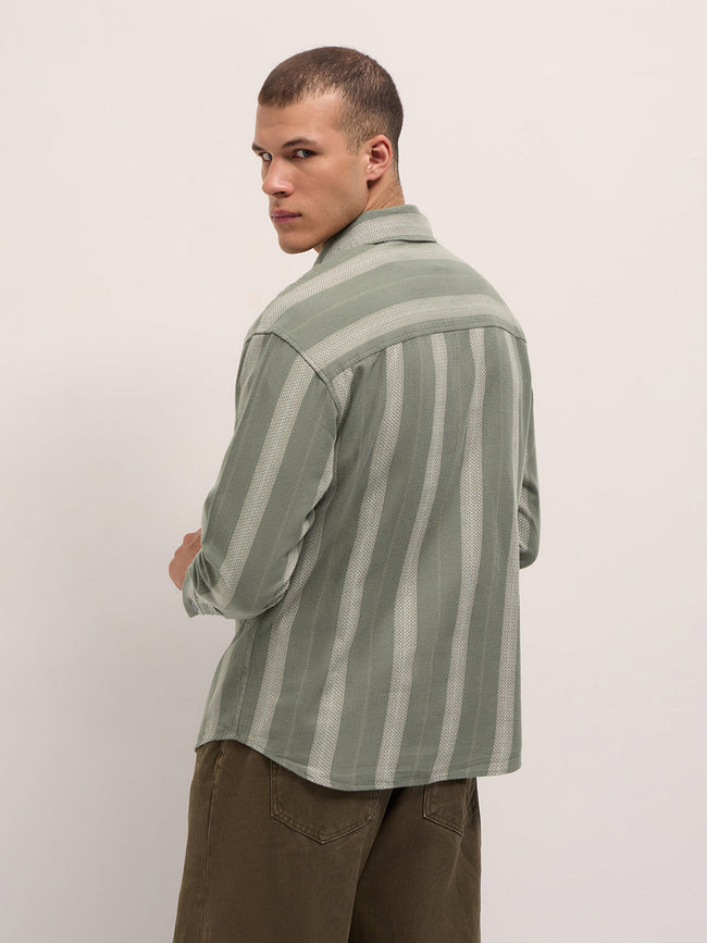 Men Light Green Woven Vertical Stripes Design Relaxed Fit Overshirt