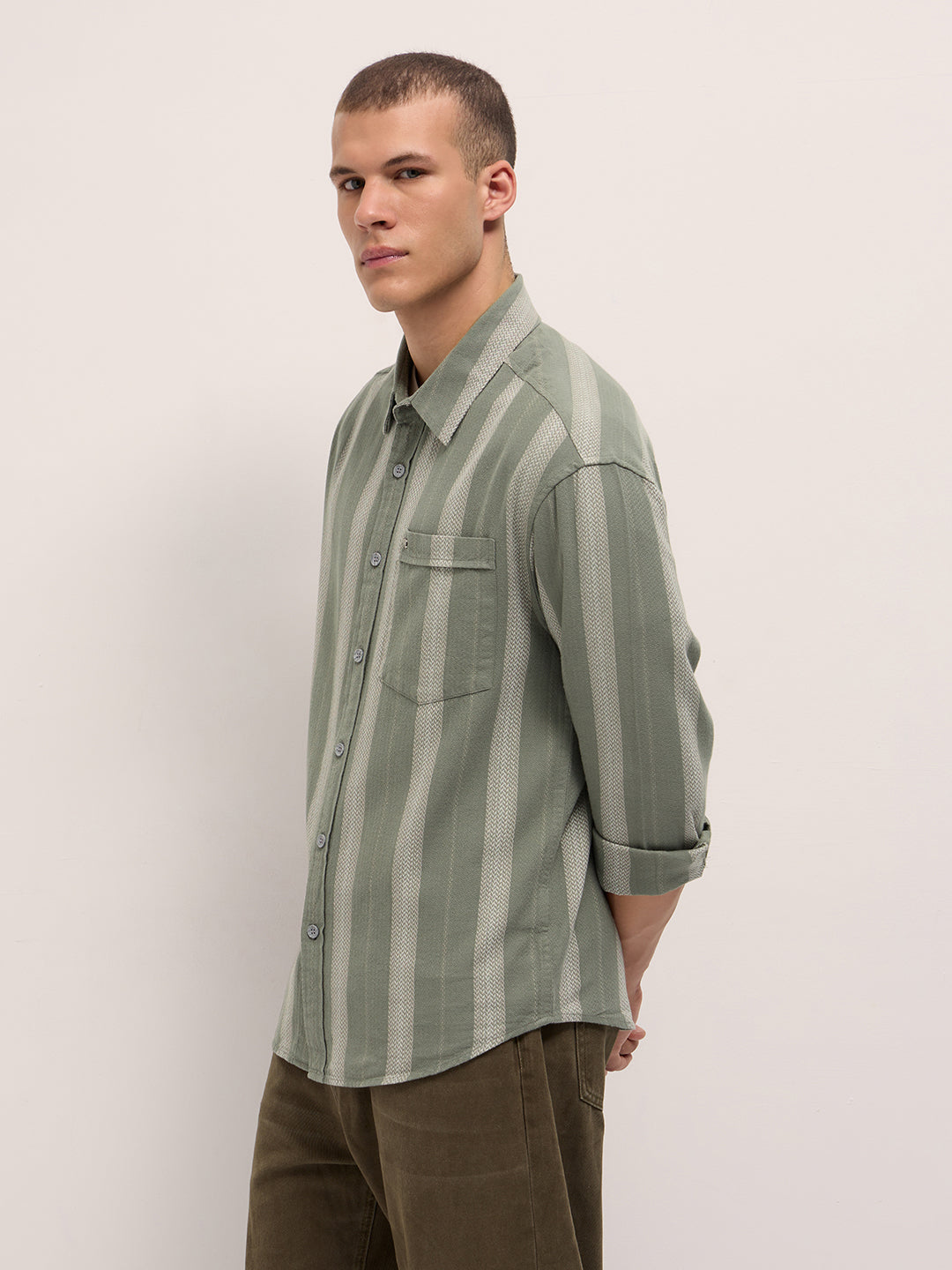 Men Light Green Woven Vertical Stripes Design Relaxed Fit Overshirt