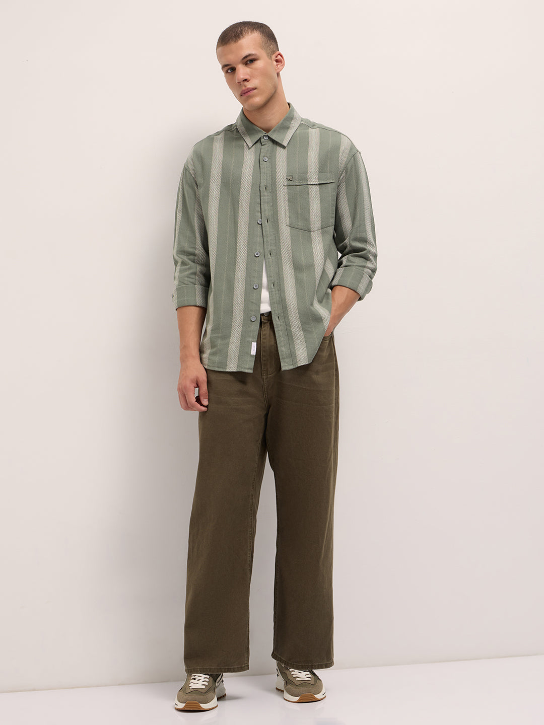 Men Light Green Woven Vertical Stripes Design Relaxed Fit Overshirt