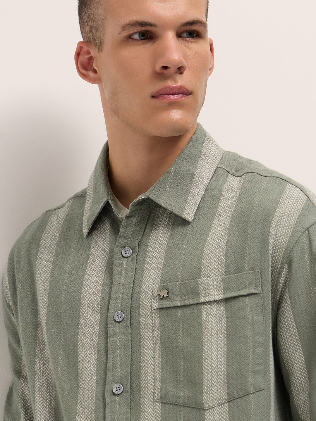 Men Light Green Woven Vertical Stripes Design Relaxed Fit Overshirt
