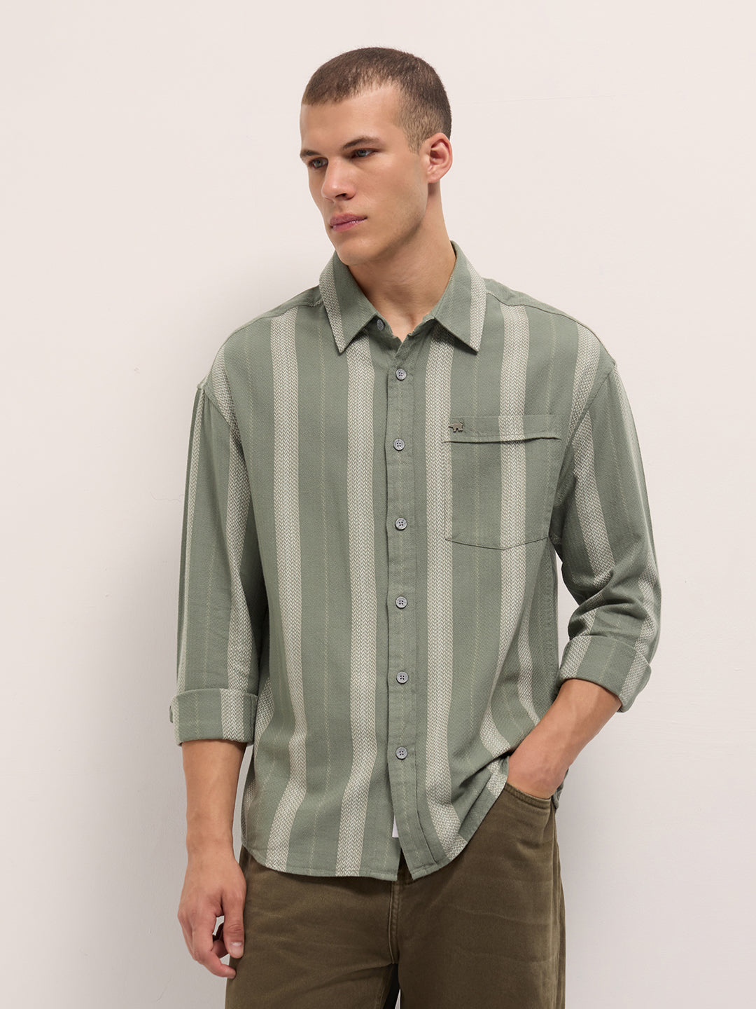 Men Light Green Woven Vertical Stripes Design Relaxed Fit Overshirt