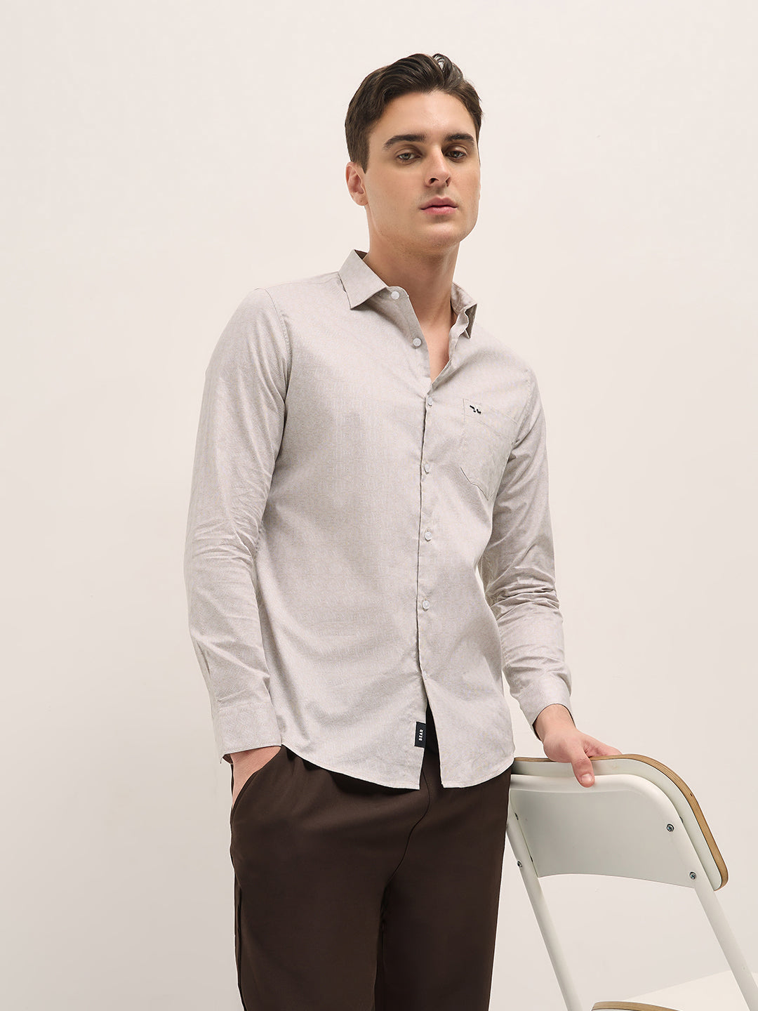 Men Light Beige Geometric Printed Tailored Fit Formal Shirt