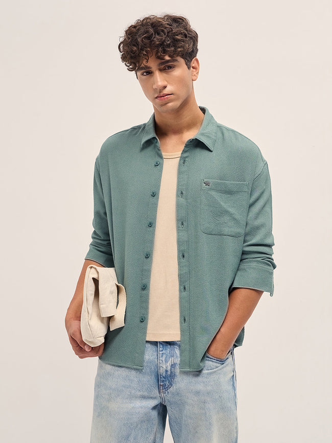 Men Green Woven Textured Relaxed Fit Casual Shirt