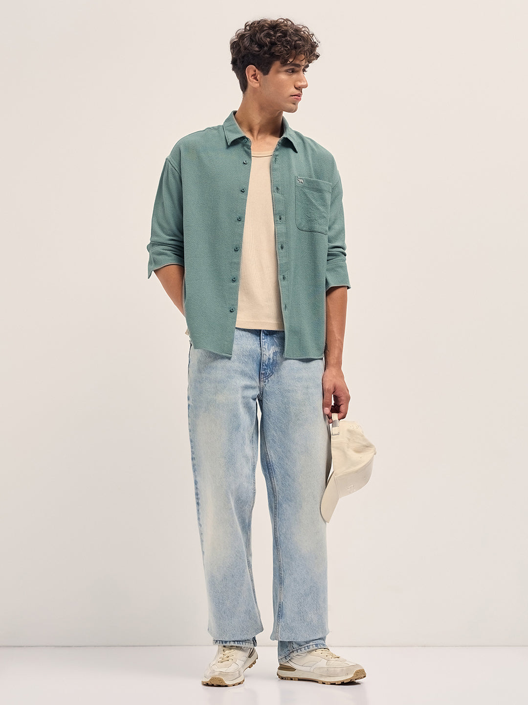 Men Green Woven Textured Relaxed Fit Casual Shirt
