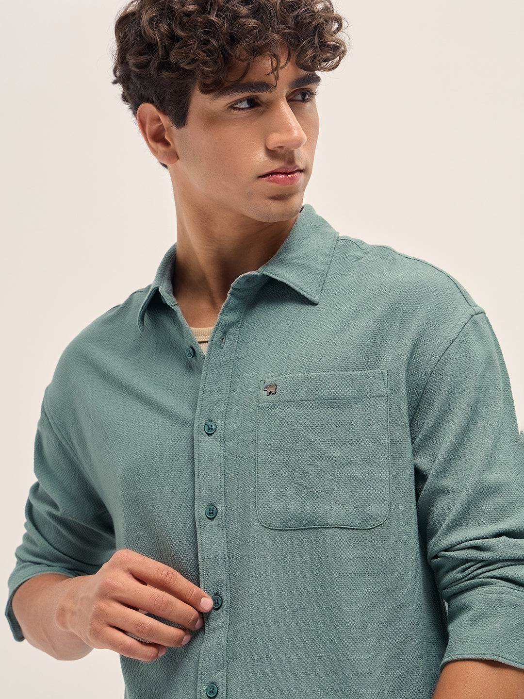 Men Green Woven Textured Relaxed Fit Casual Shirt