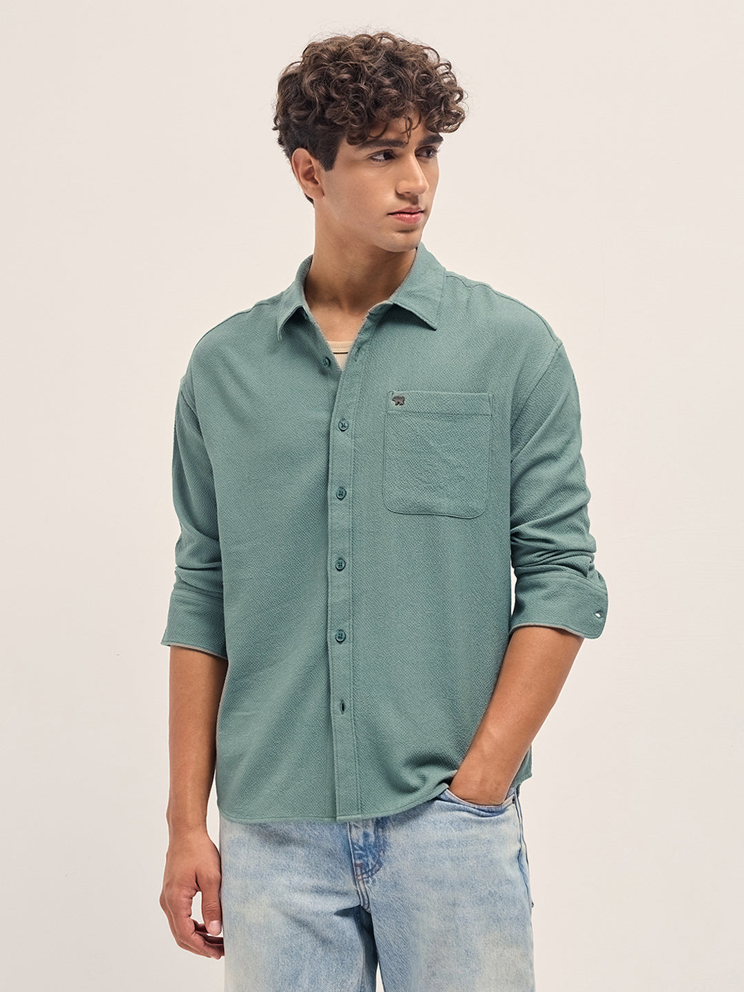 Men Green Woven Textured Relaxed Fit Casual Shirt