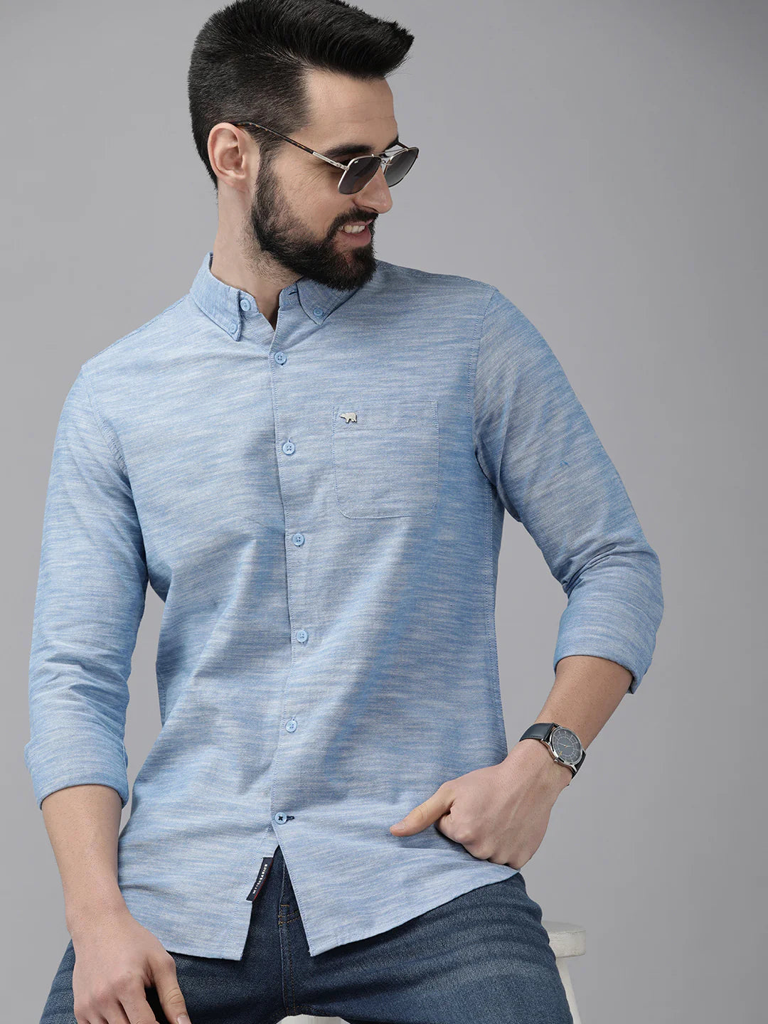Men Blue Self Design Chambray Shirt