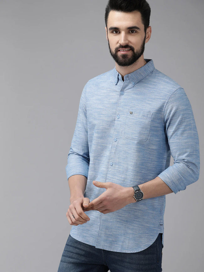 Men Blue Self Design Chambray Shirt