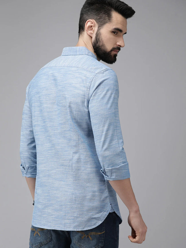 Men Blue Self Design Chambray Shirt