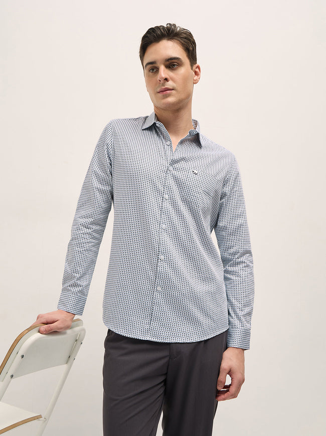 Men WhiteBlue Geometric Printed Tailored Fit Formal Shirt