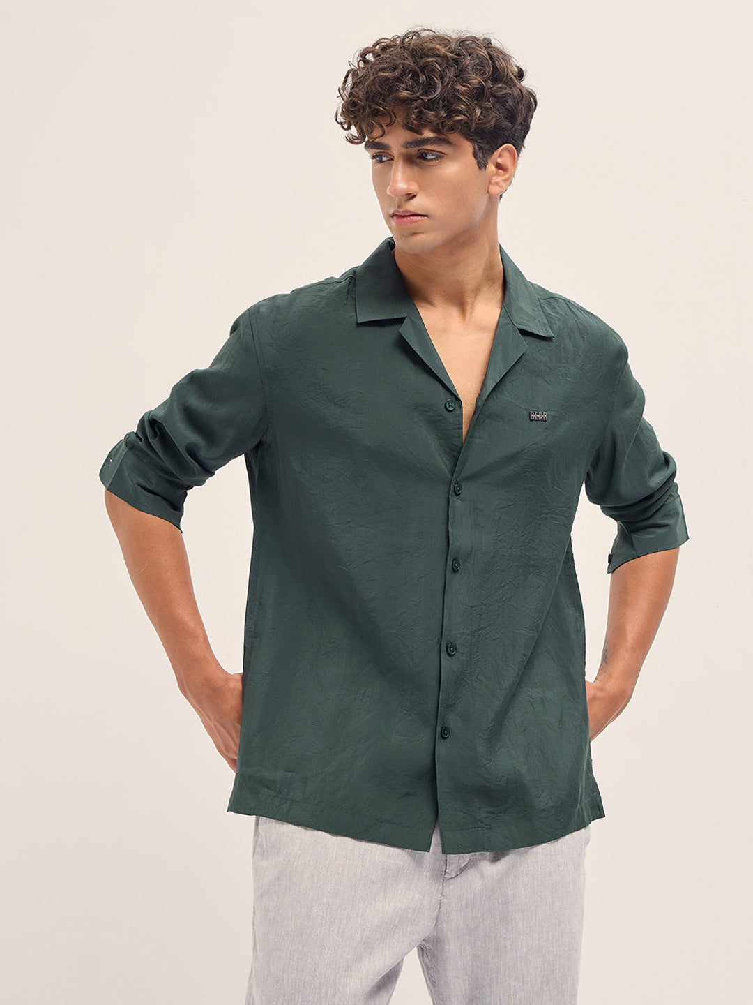 Men Dark Green Lenzing Modal Solid Oversize Fit Casual Shirt