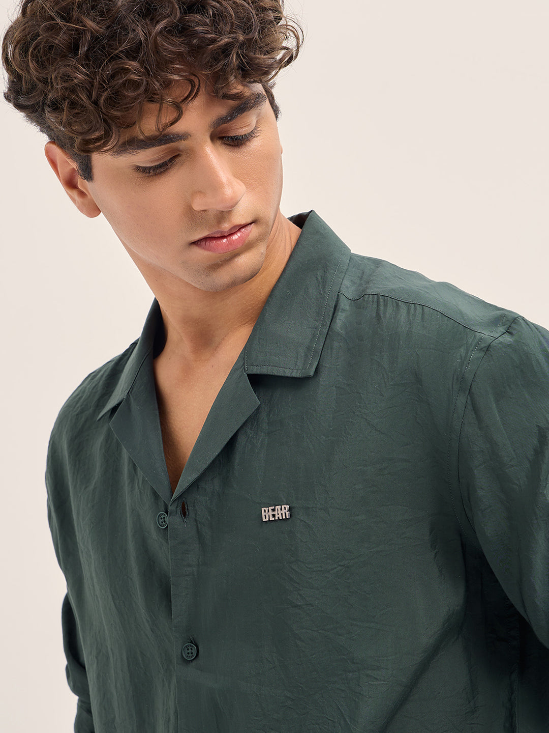 Men Dark Green Lenzing Modal Solid Oversize Fit Casual Shirt
