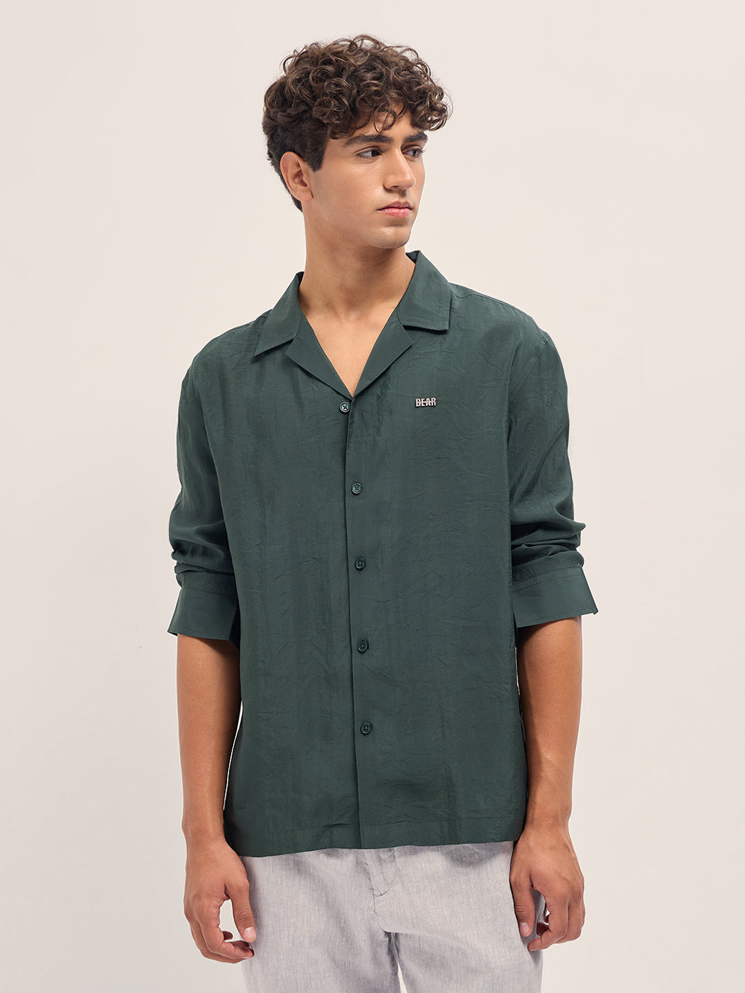 Men Dark Green Lenzing Modal Solid Oversize Fit Casual Shirt