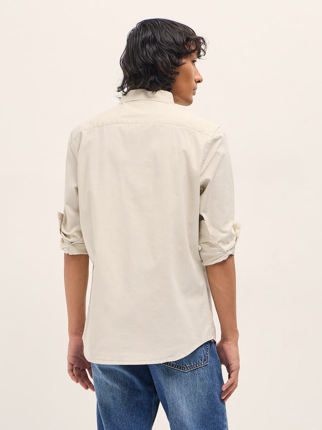 Men Cream Cotton Blend Solid Slim Fit Casual Shirt