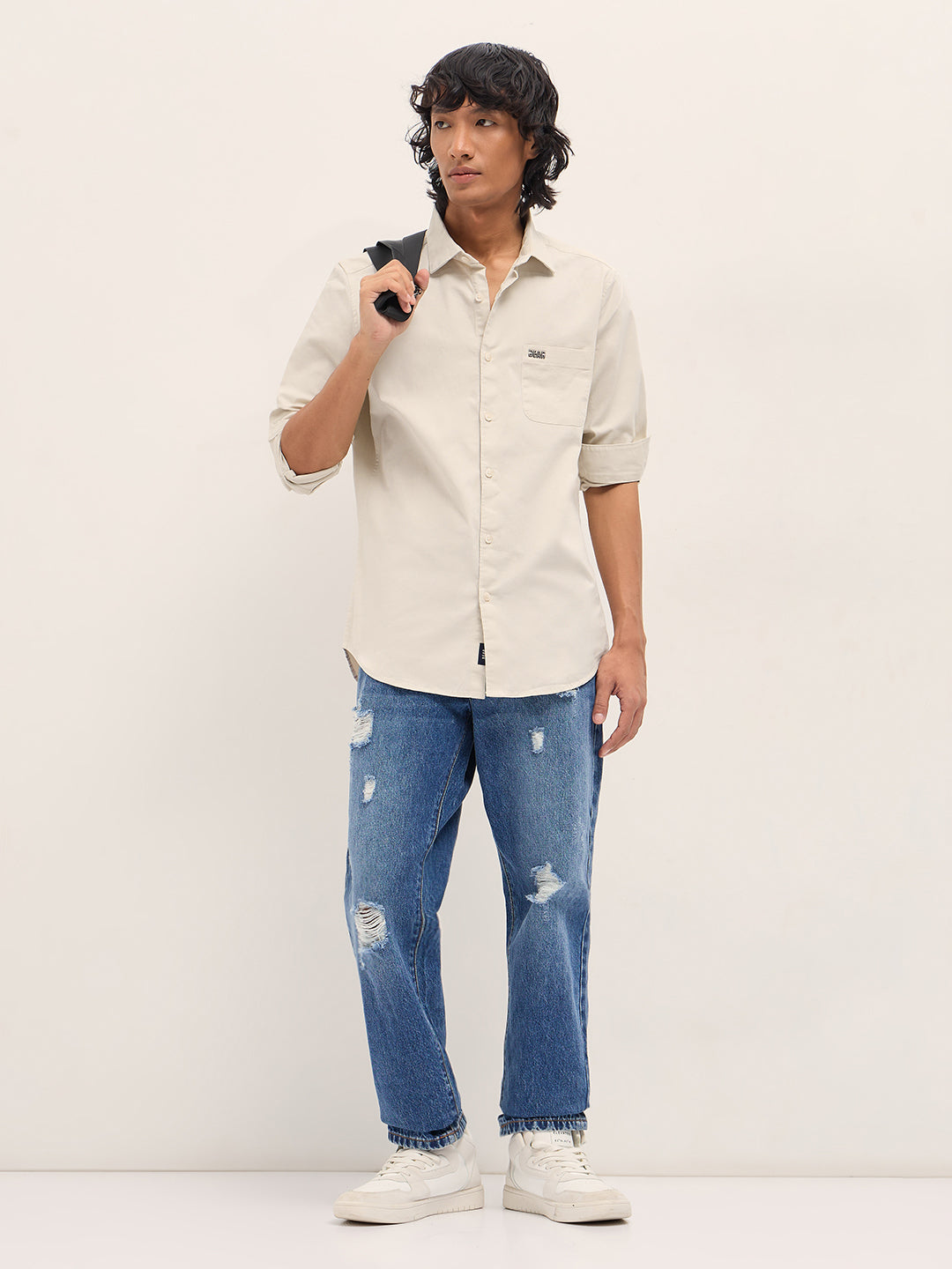 Men Cream Cotton Blend Solid Slim Fit Casual Shirt