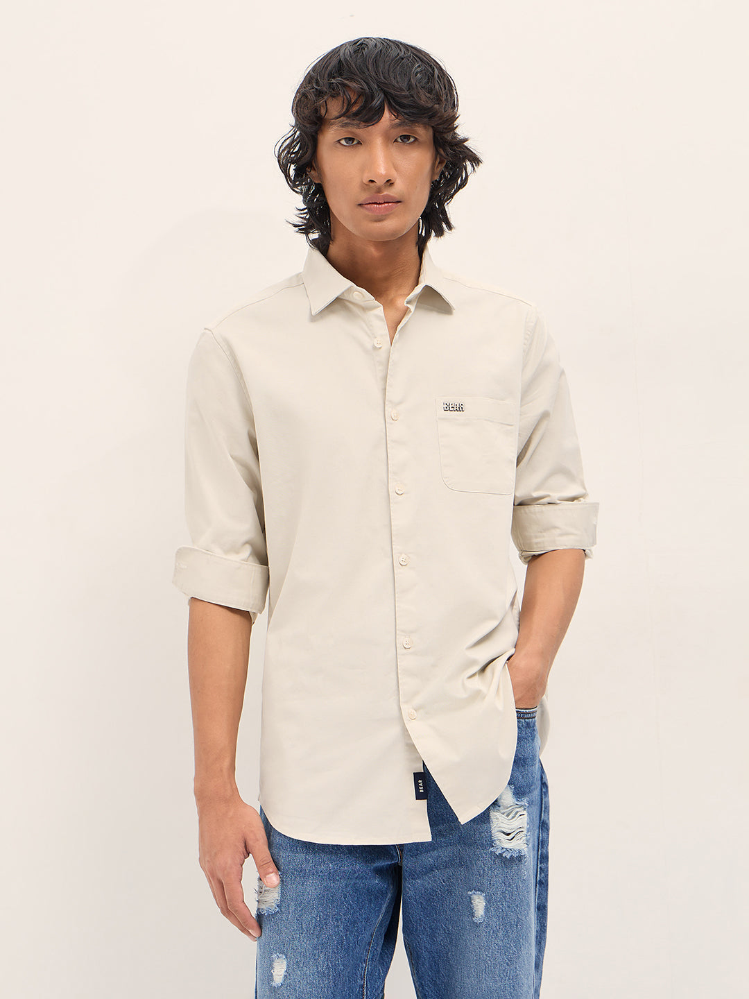 Men Cream Cotton Blend Solid Slim Fit Casual Shirt