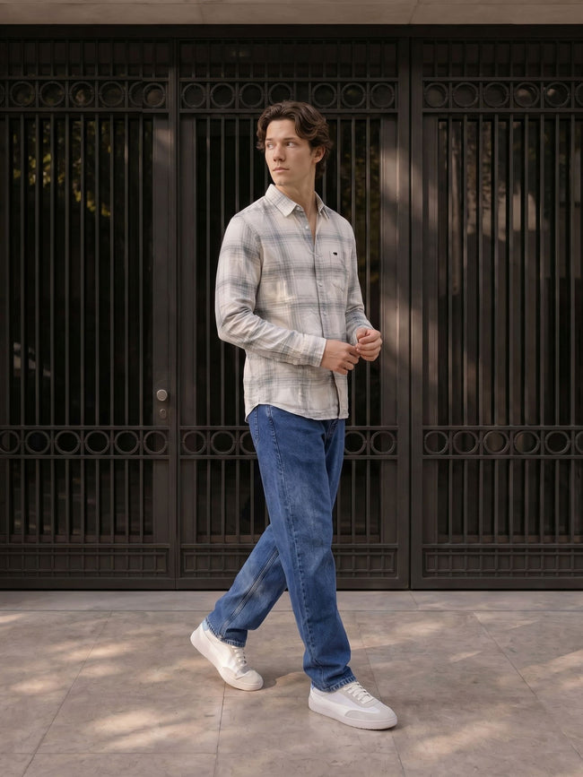 Men Off White Checked Shirt