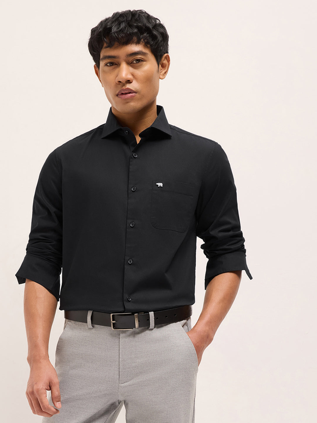 Men Black Cotton Solid Shirt