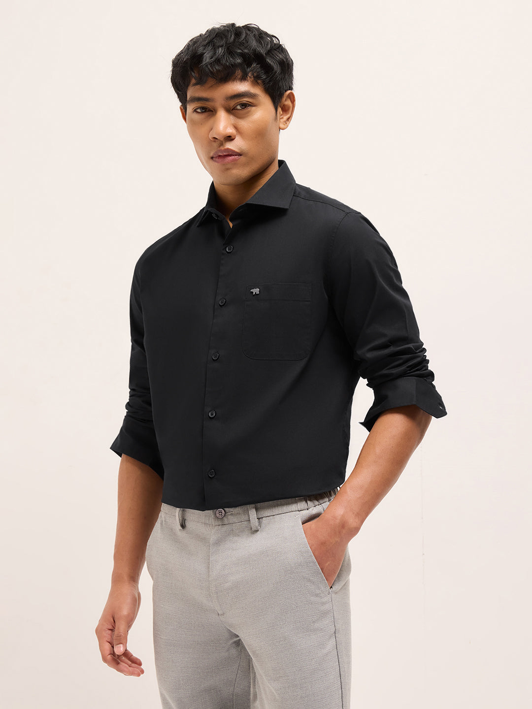 Men Black Cotton Solid Shirt