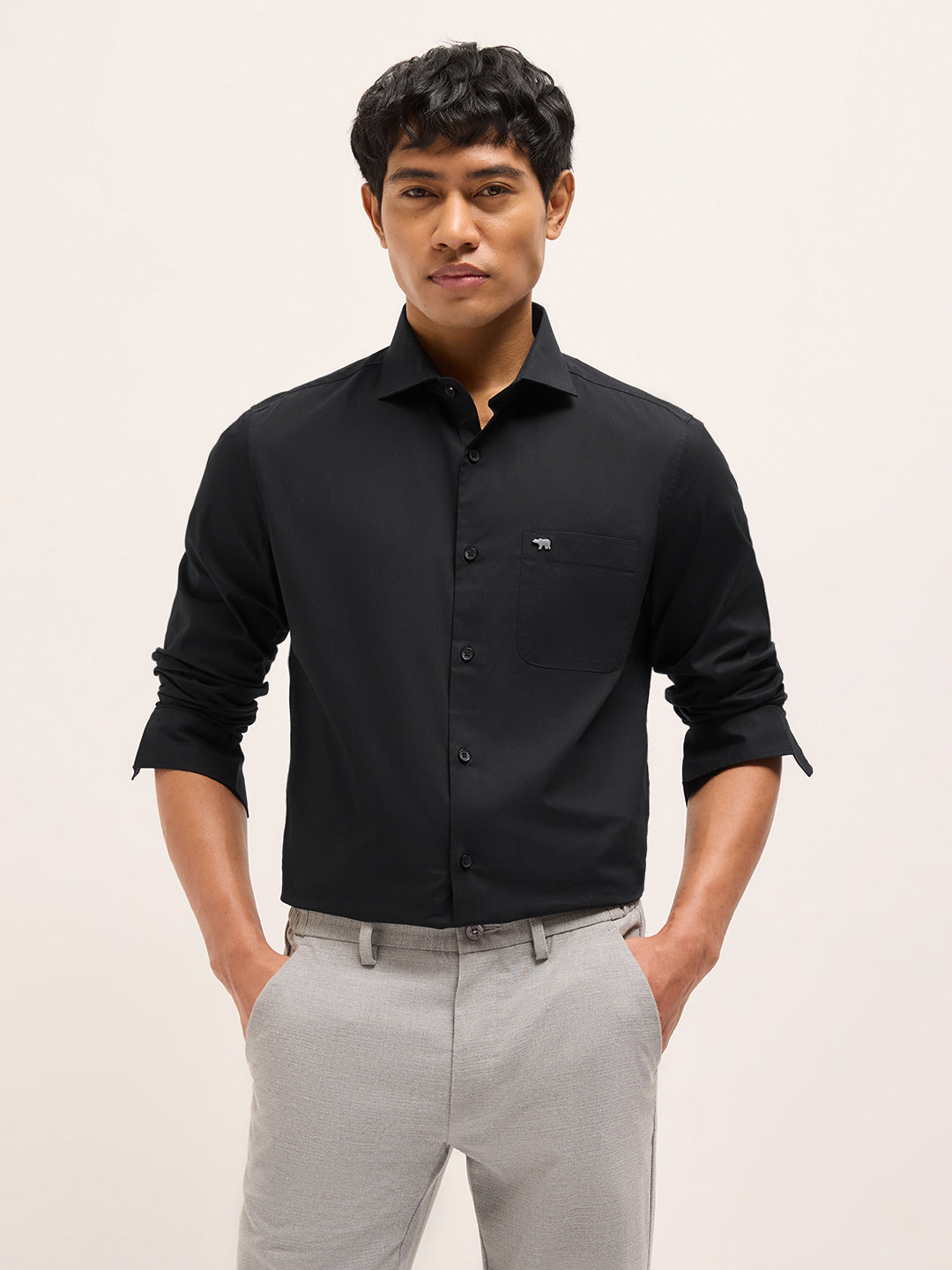 Men Black Cotton Solid Shirt