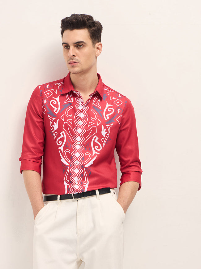 Men Red Tribal-inspired geometric Print Slim Fit Casual Shirt
