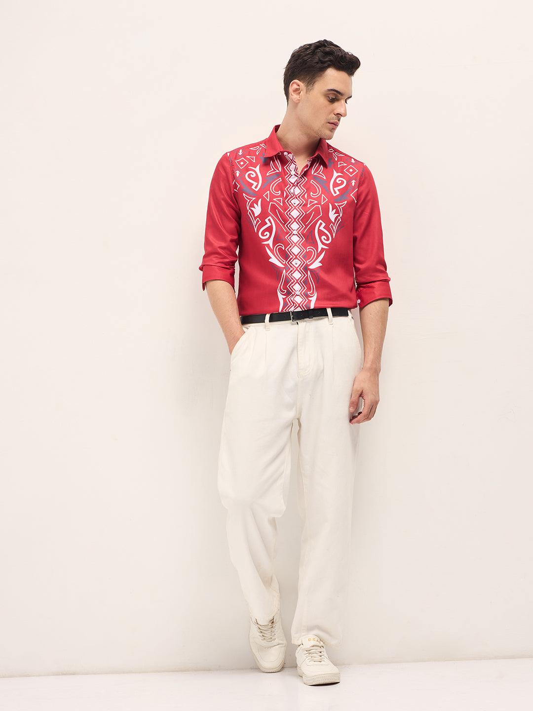 Men Red Tribal-inspired geometric Print Slim Fit Casual Shirt